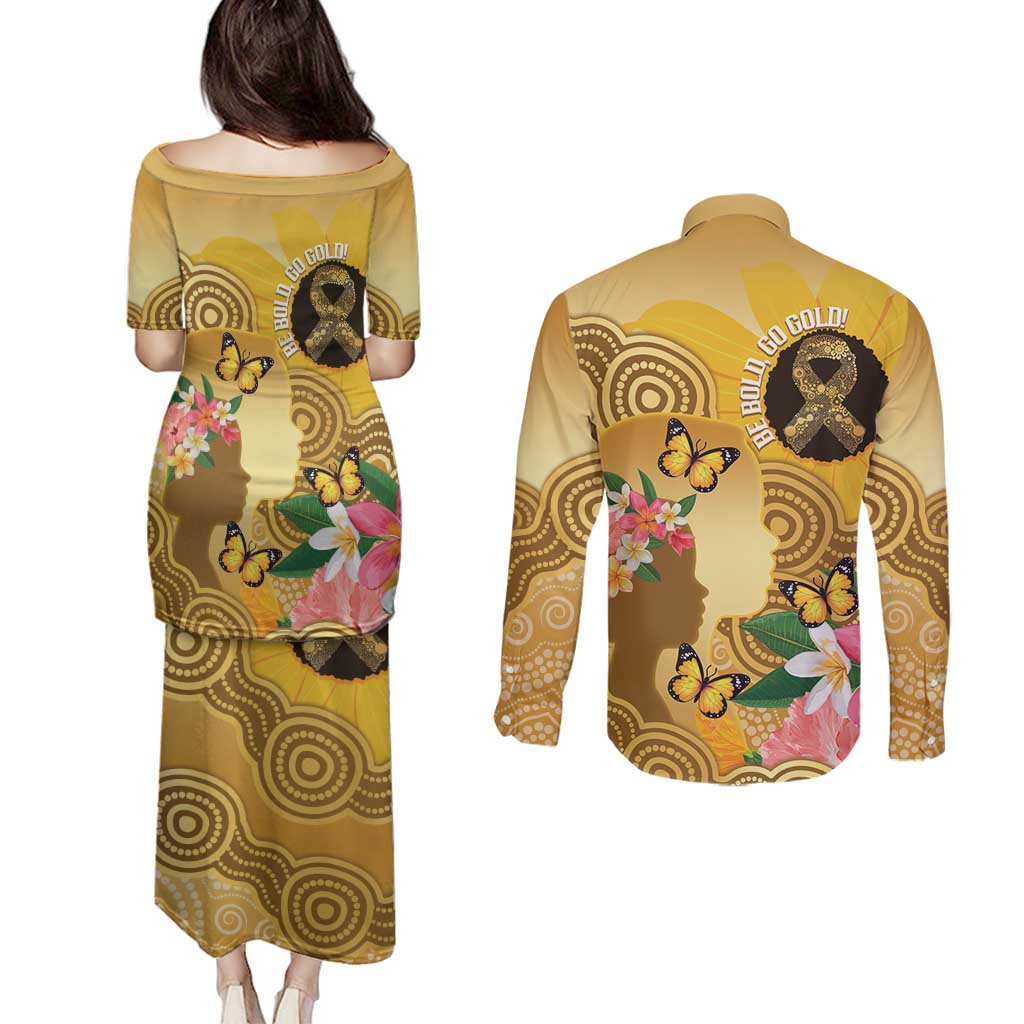 Australia Childhood Cancer Awareness Month Couples Matching Puletasi and Long Sleeve Button Shirt Be Bold Go Gold Aboriginal Art