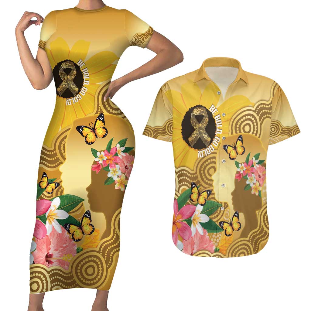 Australia Childhood Cancer Awareness Month Couples Matching Short Sleeve Bodycon Dress and Hawaiian Shirt Be Bold Go Gold Aboriginal Art