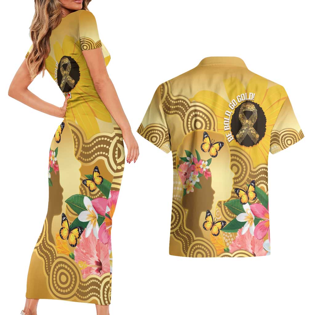 Australia Childhood Cancer Awareness Month Couples Matching Short Sleeve Bodycon Dress and Hawaiian Shirt Be Bold Go Gold Aboriginal Art