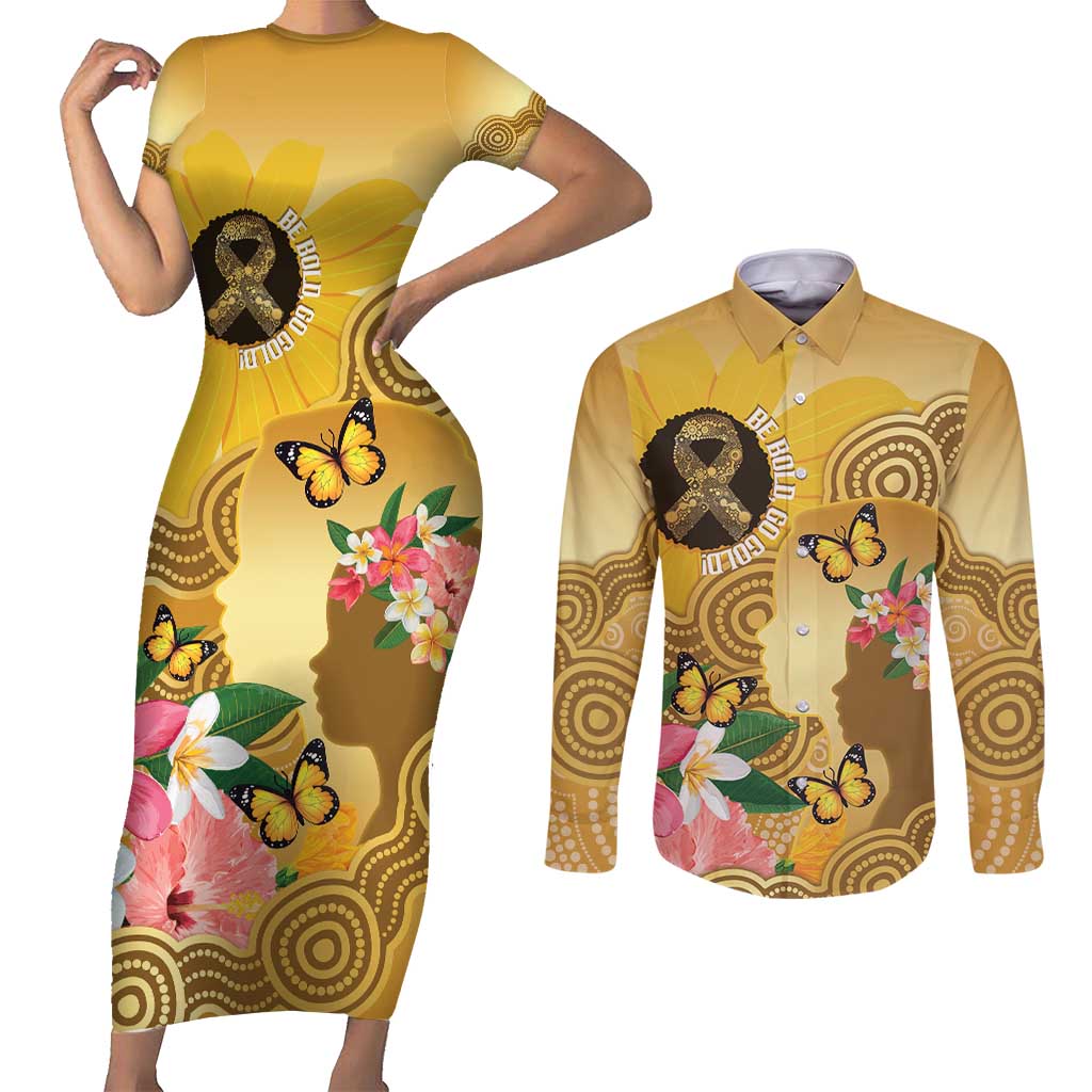 Australia Childhood Cancer Awareness Month Couples Matching Short Sleeve Bodycon Dress and Long Sleeve Button Shirt Be Bold Go Gold Aboriginal Art