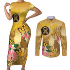 Australia Childhood Cancer Awareness Month Couples Matching Short Sleeve Bodycon Dress and Long Sleeve Button Shirt Be Bold Go Gold Aboriginal Art