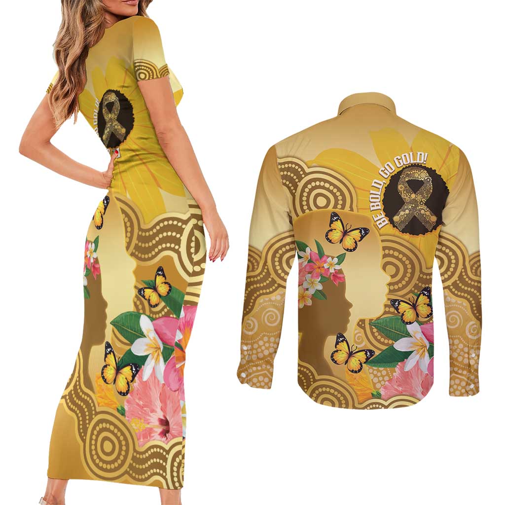 Australia Childhood Cancer Awareness Month Couples Matching Short Sleeve Bodycon Dress and Long Sleeve Button Shirt Be Bold Go Gold Aboriginal Art