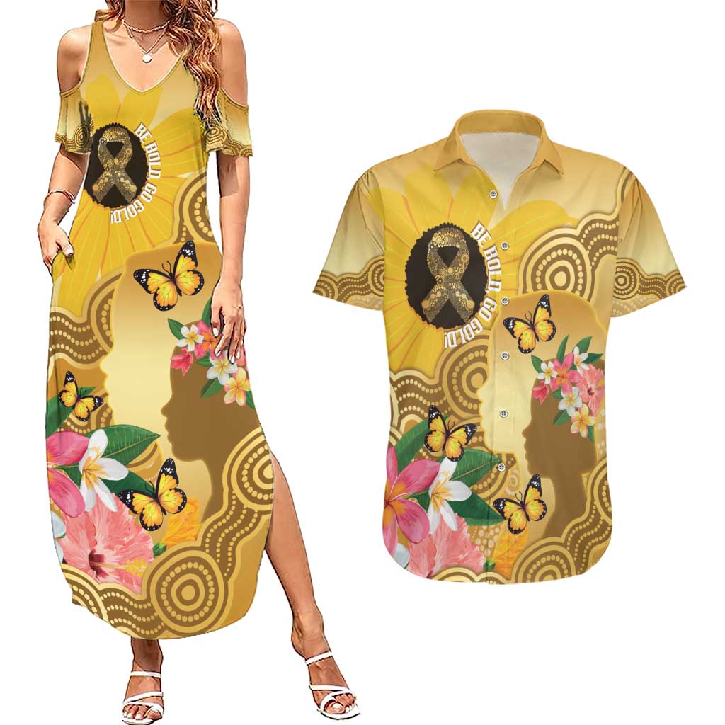 Australia Childhood Cancer Awareness Month Couples Matching Summer Maxi Dress and Hawaiian Shirt Be Bold Go Gold Aboriginal Art