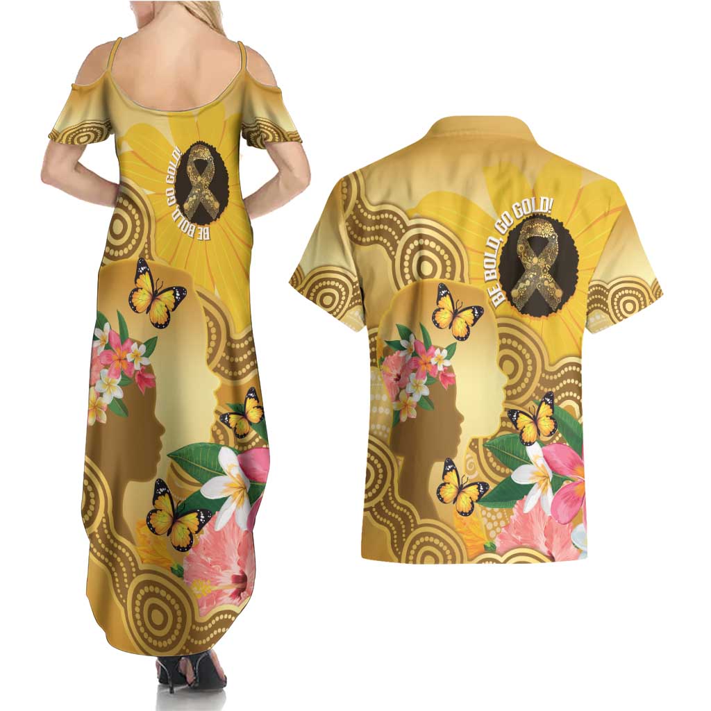 Australia Childhood Cancer Awareness Month Couples Matching Summer Maxi Dress and Hawaiian Shirt Be Bold Go Gold Aboriginal Art