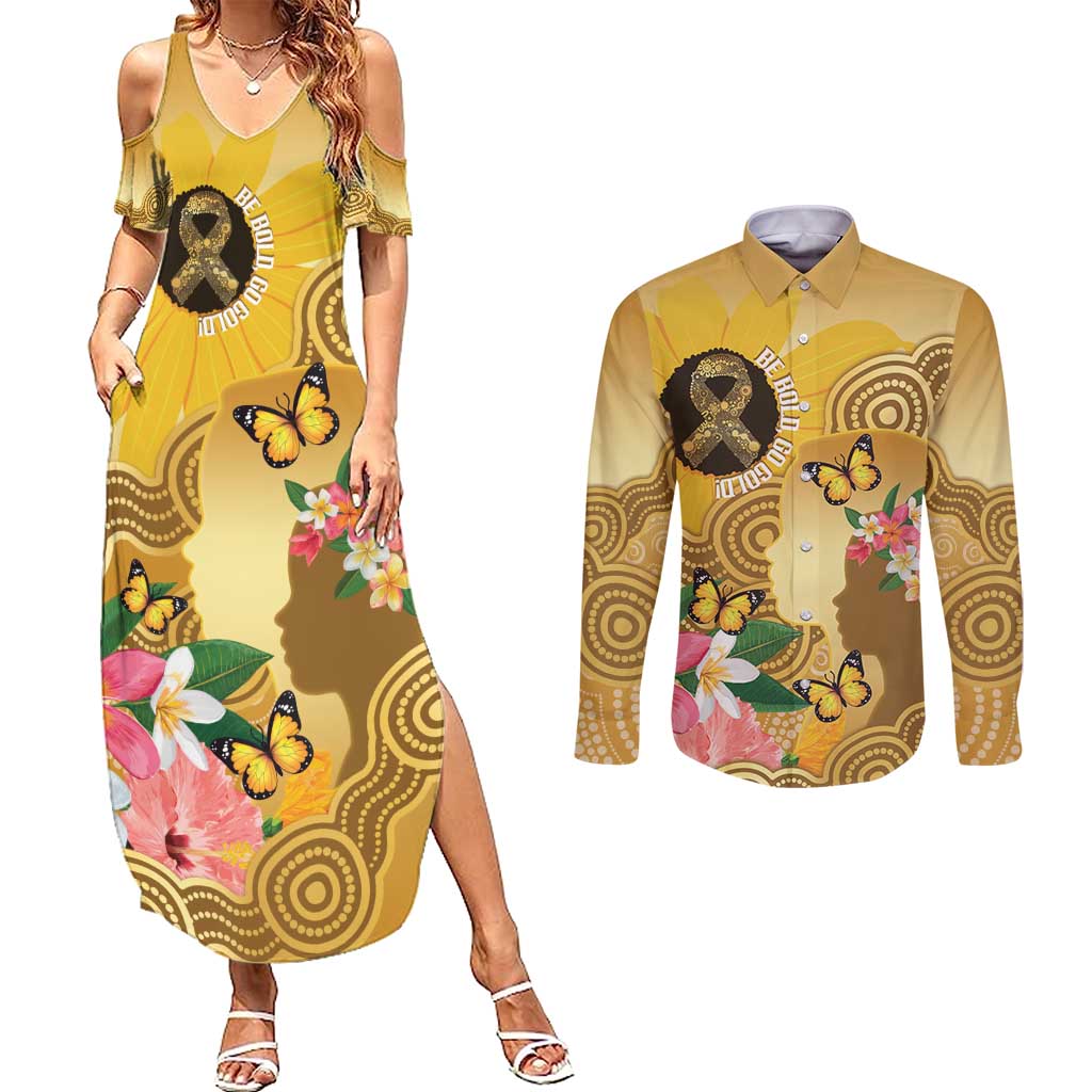 Australia Childhood Cancer Awareness Month Couples Matching Summer Maxi Dress and Long Sleeve Button Shirt Be Bold Go Gold Aboriginal Art