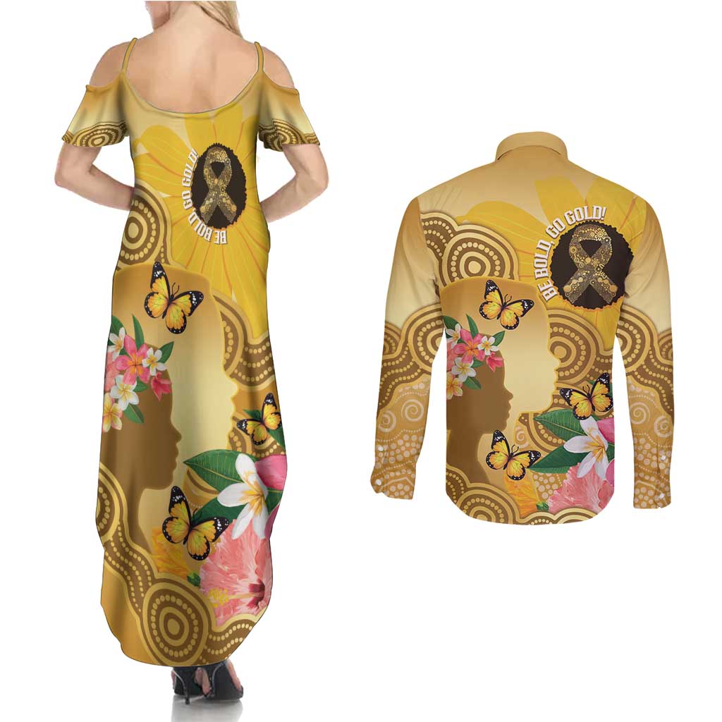 Australia Childhood Cancer Awareness Month Couples Matching Summer Maxi Dress and Long Sleeve Button Shirt Be Bold Go Gold Aboriginal Art