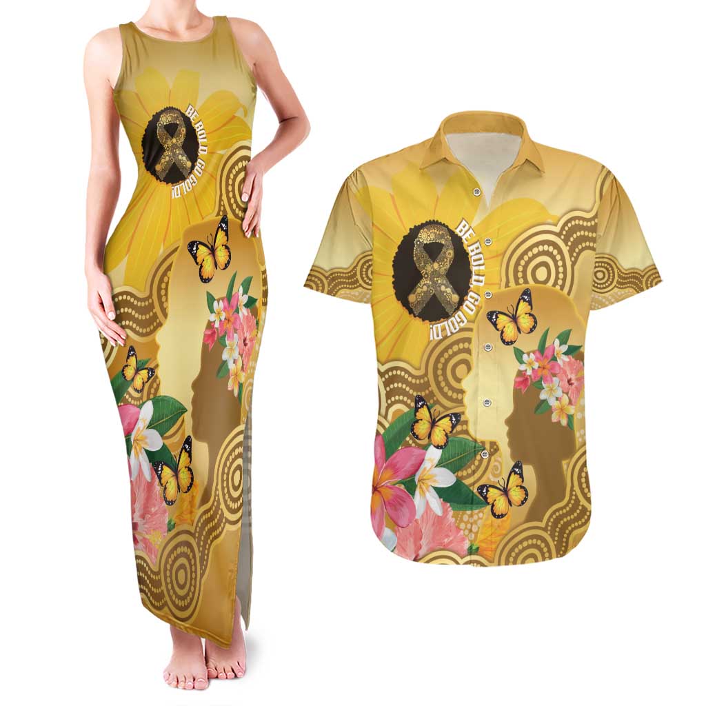 Australia Childhood Cancer Awareness Month Couples Matching Tank Maxi Dress and Hawaiian Shirt Be Bold Go Gold Aboriginal Art