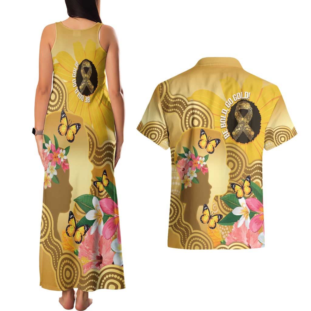 Australia Childhood Cancer Awareness Month Couples Matching Tank Maxi Dress and Hawaiian Shirt Be Bold Go Gold Aboriginal Art