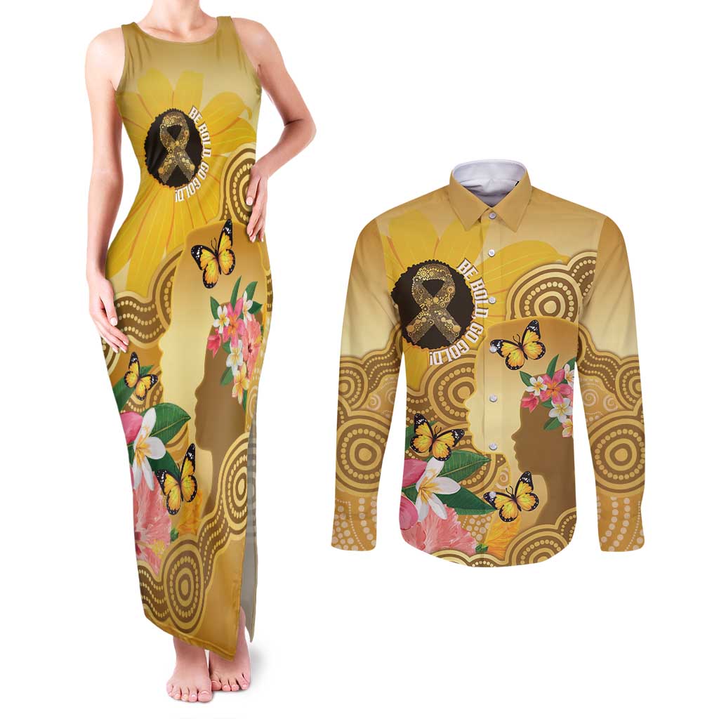 Australia Childhood Cancer Awareness Month Couples Matching Tank Maxi Dress and Long Sleeve Button Shirt Be Bold Go Gold Aboriginal Art
