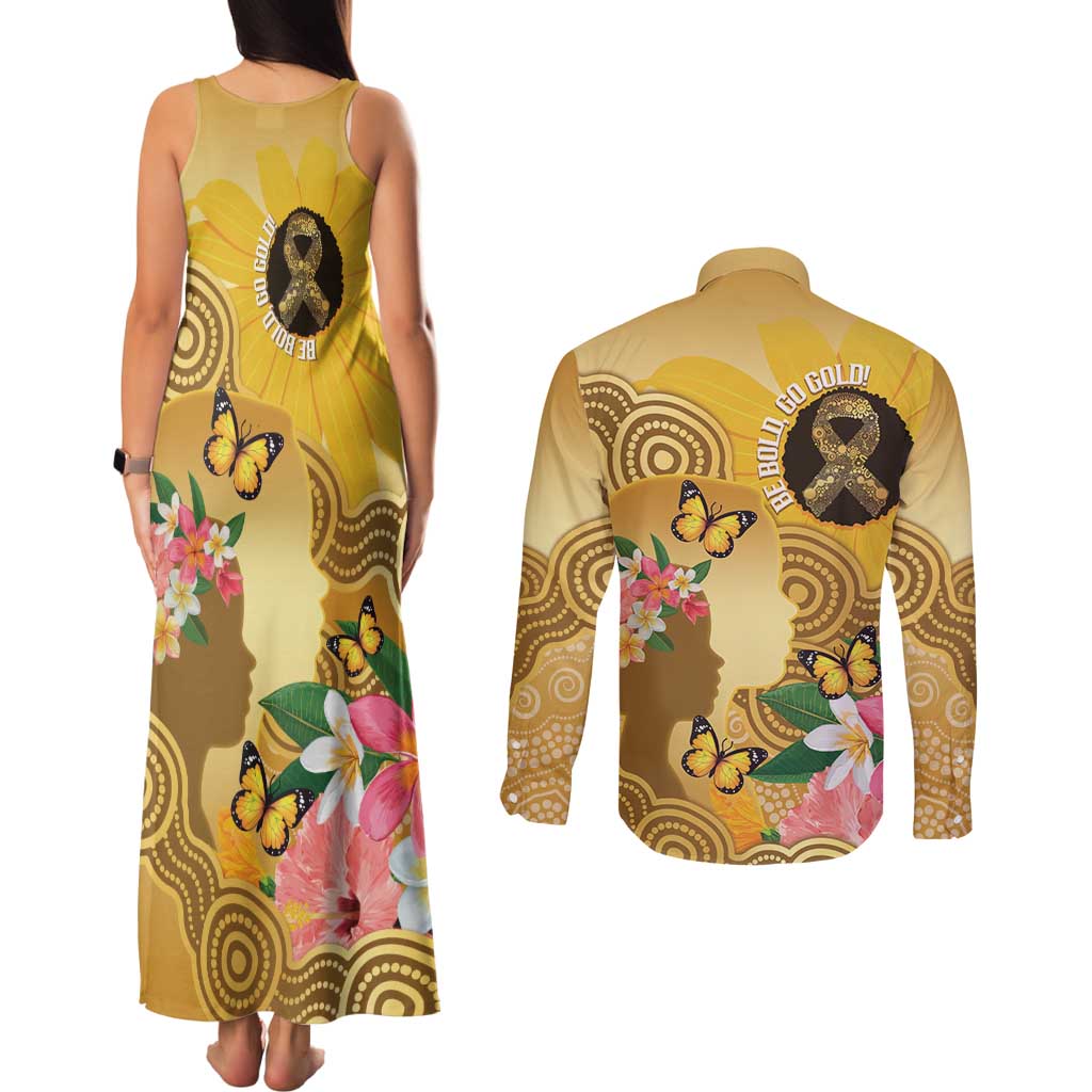 Australia Childhood Cancer Awareness Month Couples Matching Tank Maxi Dress and Long Sleeve Button Shirt Be Bold Go Gold Aboriginal Art