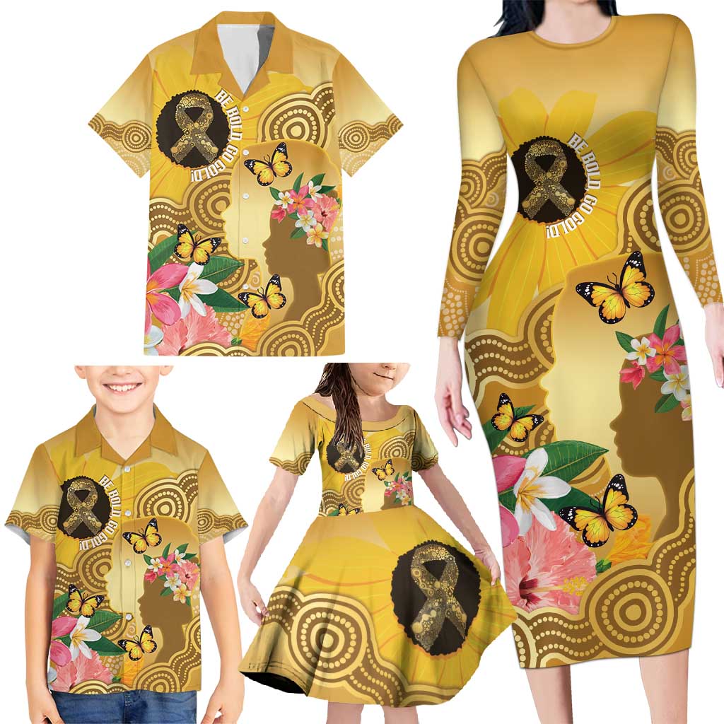Australia Childhood Cancer Awareness Month Family Matching Long Sleeve Bodycon Dress and Hawaiian Shirt Be Bold Go Gold Aboriginal Art