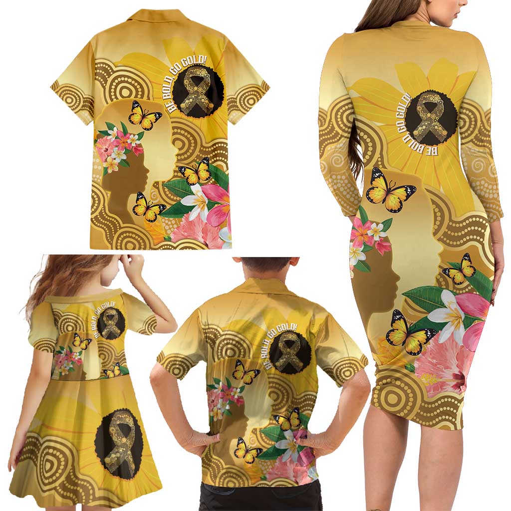 Australia Childhood Cancer Awareness Month Family Matching Long Sleeve Bodycon Dress and Hawaiian Shirt Be Bold Go Gold Aboriginal Art