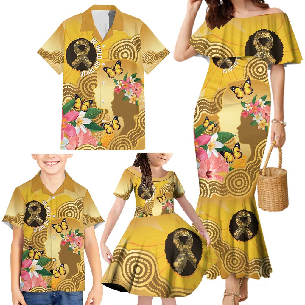 Australia Childhood Cancer Awareness Month Family Matching Mermaid Dress and Hawaiian Shirt Be Bold Go Gold Aboriginal Art