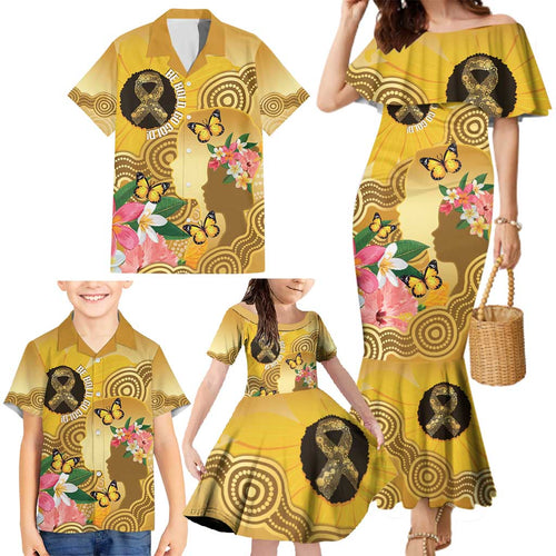 Australia Childhood Cancer Awareness Month Family Matching Mermaid Dress and Hawaiian Shirt Be Bold Go Gold Aboriginal Art