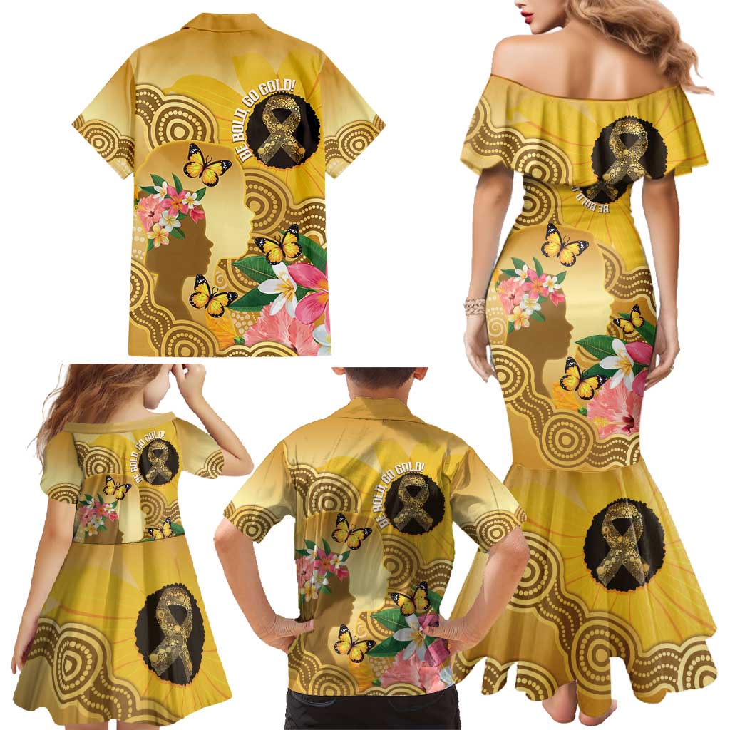 Australia Childhood Cancer Awareness Month Family Matching Mermaid Dress and Hawaiian Shirt Be Bold Go Gold Aboriginal Art