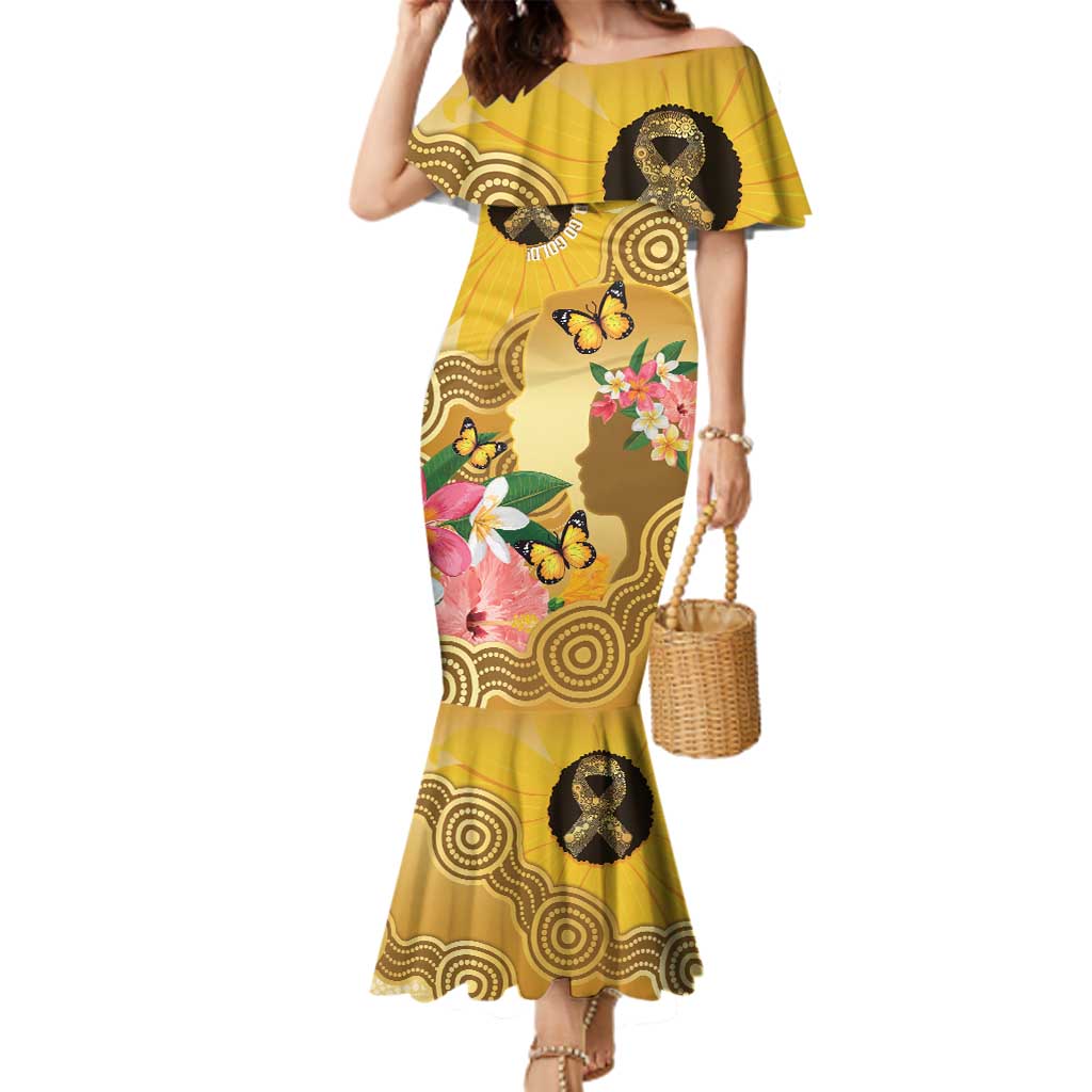 Australia Childhood Cancer Awareness Month Family Matching Mermaid Dress and Hawaiian Shirt Be Bold Go Gold Aboriginal Art