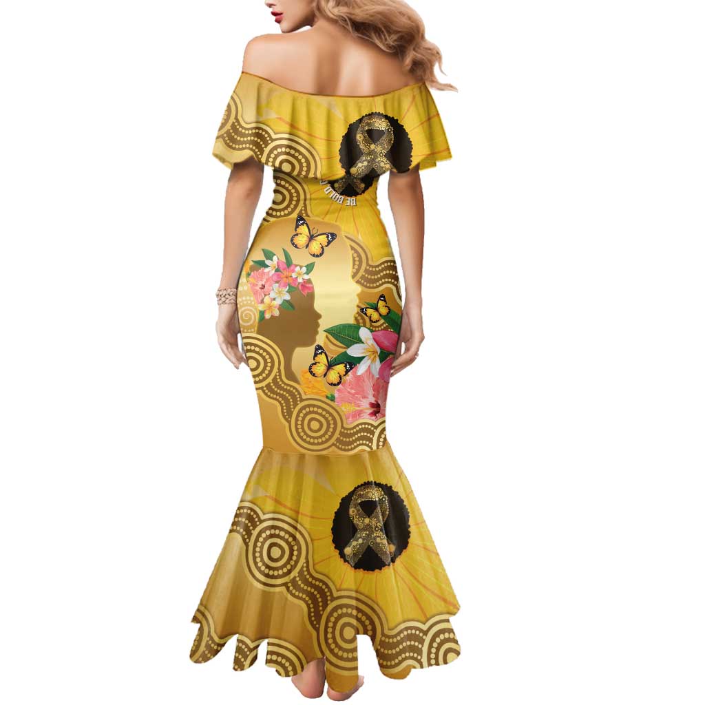Australia Childhood Cancer Awareness Month Family Matching Mermaid Dress and Hawaiian Shirt Be Bold Go Gold Aboriginal Art