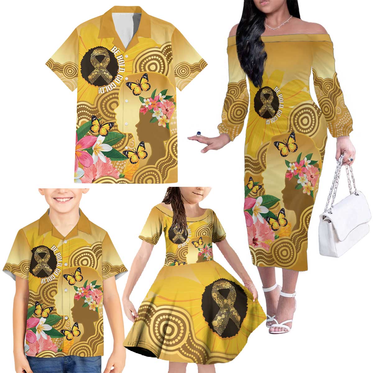 Australia Childhood Cancer Awareness Month Family Matching Off The Shoulder Long Sleeve Dress and Hawaiian Shirt Be Bold Go Gold Aboriginal Art