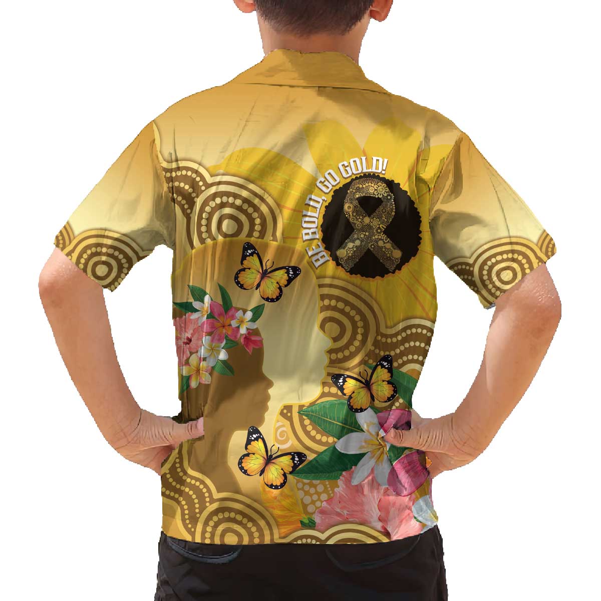 Australia Childhood Cancer Awareness Month Family Matching Off The Shoulder Long Sleeve Dress and Hawaiian Shirt Be Bold Go Gold Aboriginal Art