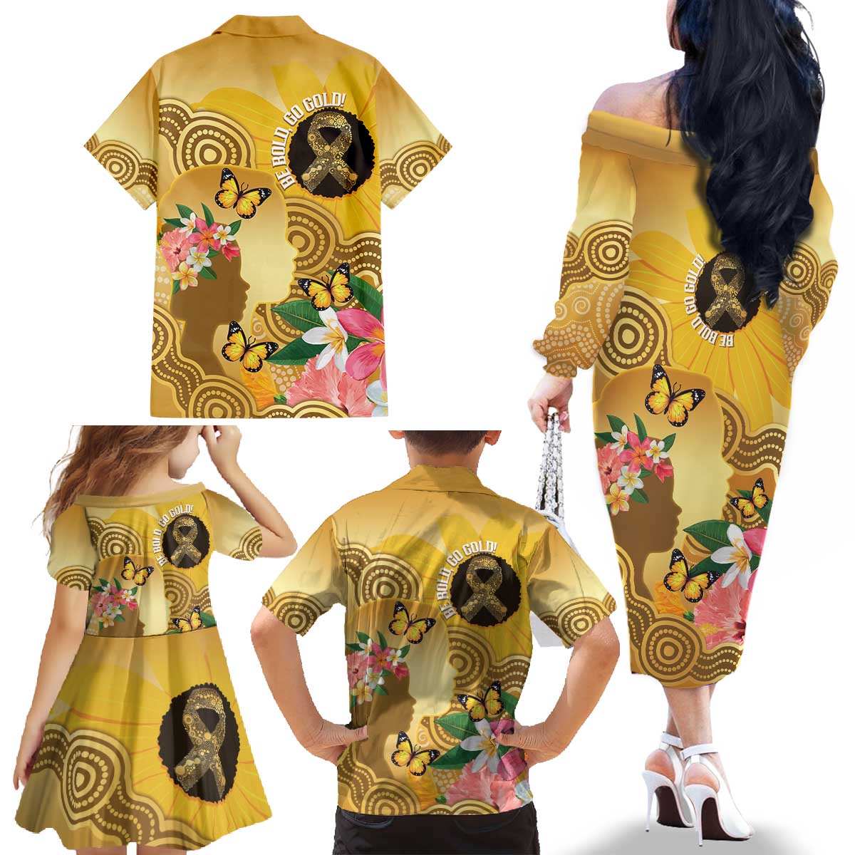 Australia Childhood Cancer Awareness Month Family Matching Off The Shoulder Long Sleeve Dress and Hawaiian Shirt Be Bold Go Gold Aboriginal Art