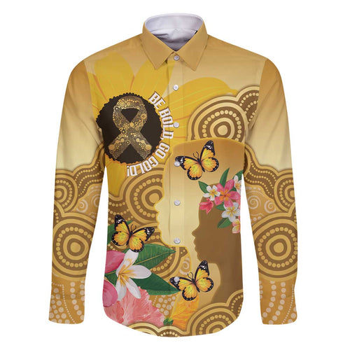 Australia Childhood Cancer Awareness Month Family Matching Off The Shoulder Long Sleeve Dress and Hawaiian Shirt Be Bold Go Gold Aboriginal Art