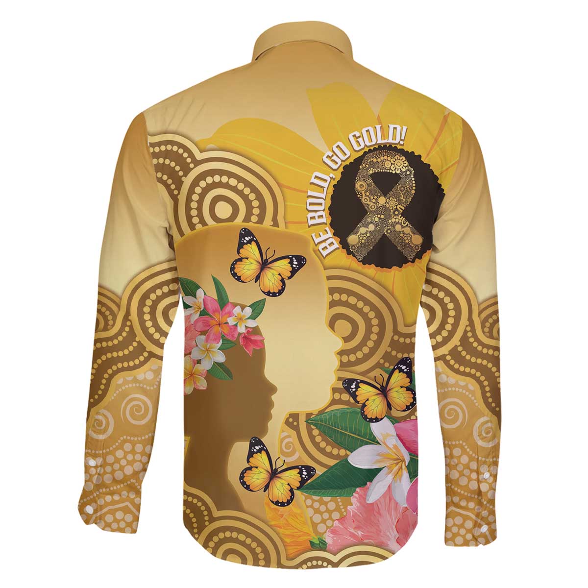 Australia Childhood Cancer Awareness Month Family Matching Off The Shoulder Long Sleeve Dress and Hawaiian Shirt Be Bold Go Gold Aboriginal Art