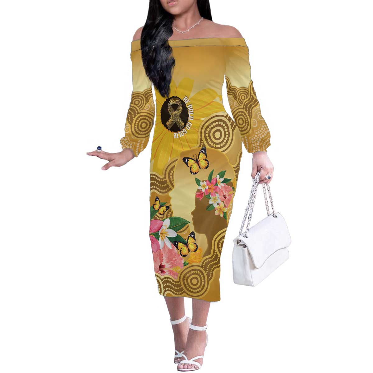 Australia Childhood Cancer Awareness Month Family Matching Off The Shoulder Long Sleeve Dress and Hawaiian Shirt Be Bold Go Gold Aboriginal Art