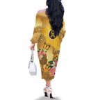 Australia Childhood Cancer Awareness Month Family Matching Off The Shoulder Long Sleeve Dress and Hawaiian Shirt Be Bold Go Gold Aboriginal Art