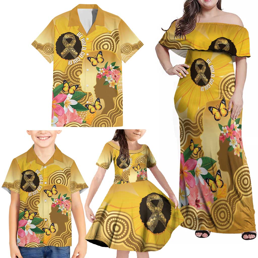 Australia Childhood Cancer Awareness Month Family Matching Off Shoulder Maxi Dress and Hawaiian Shirt Be Bold Go Gold Aboriginal Art