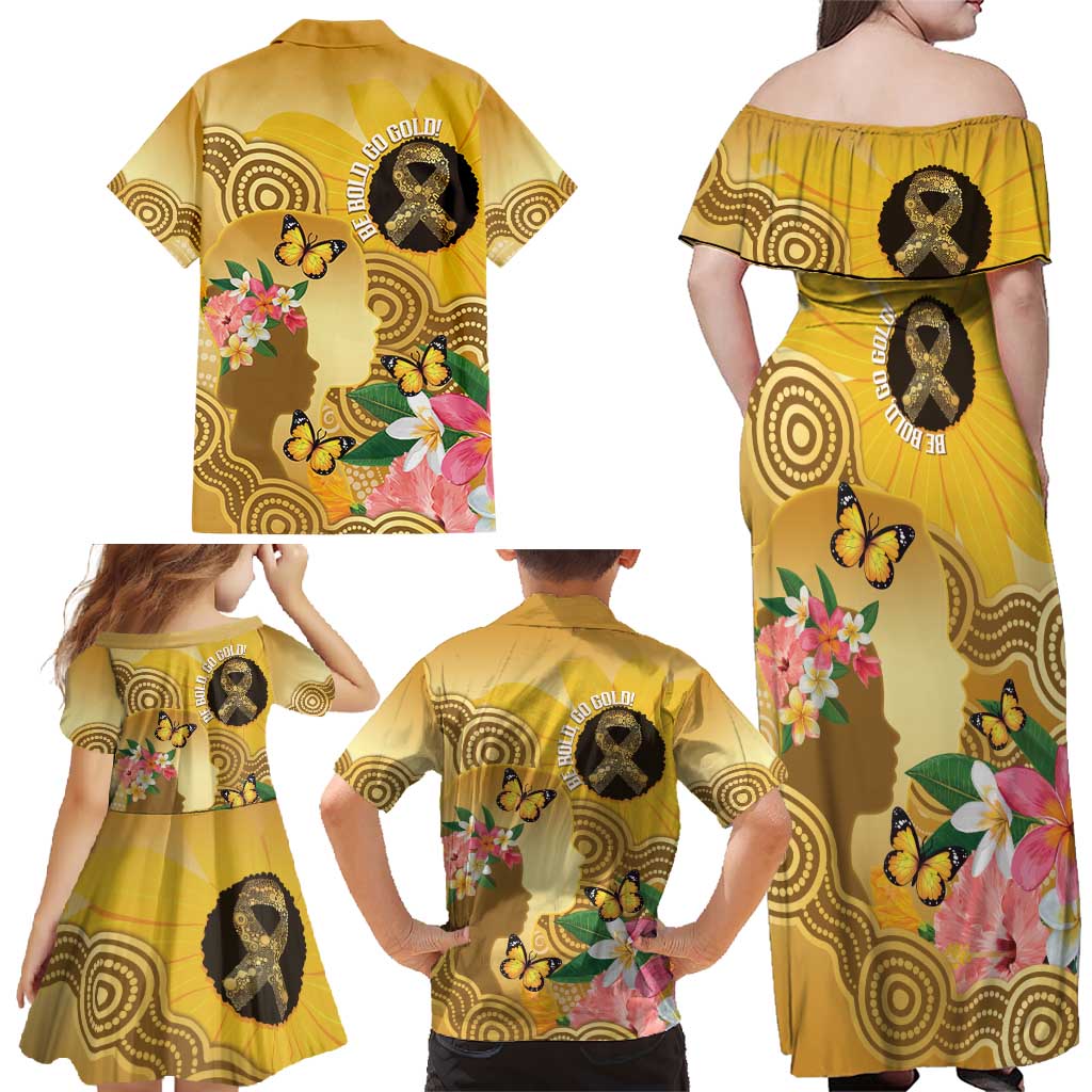 Australia Childhood Cancer Awareness Month Family Matching Off Shoulder Maxi Dress and Hawaiian Shirt Be Bold Go Gold Aboriginal Art