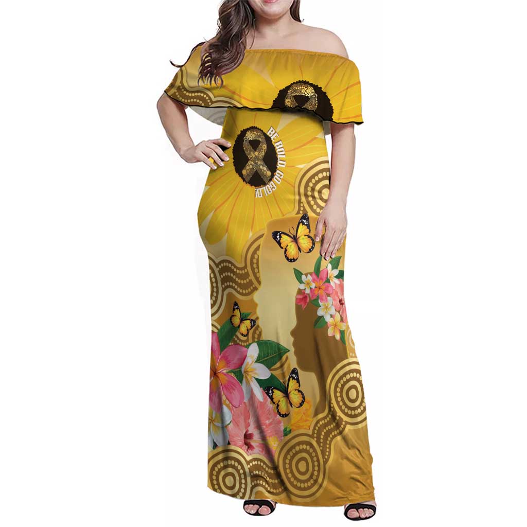 Australia Childhood Cancer Awareness Month Family Matching Off Shoulder Maxi Dress and Hawaiian Shirt Be Bold Go Gold Aboriginal Art