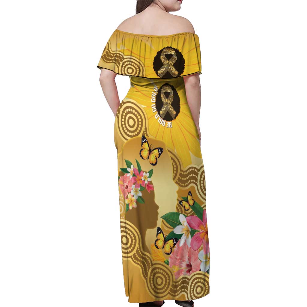 Australia Childhood Cancer Awareness Month Family Matching Off Shoulder Maxi Dress and Hawaiian Shirt Be Bold Go Gold Aboriginal Art