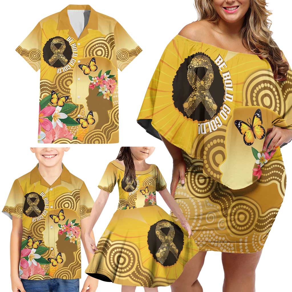 Australia Childhood Cancer Awareness Month Family Matching Off Shoulder Short Dress and Hawaiian Shirt Be Bold Go Gold Aboriginal Art