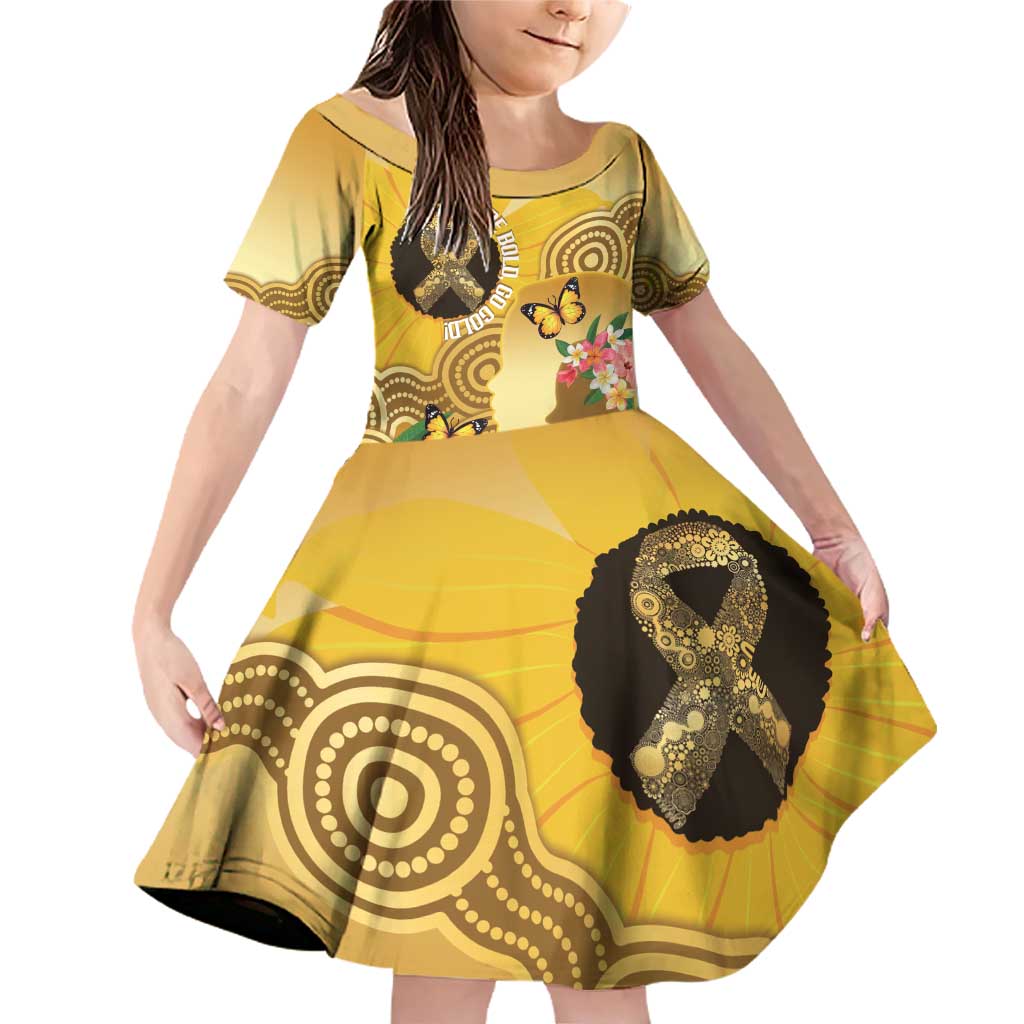 Australia Childhood Cancer Awareness Month Family Matching Off Shoulder Short Dress and Hawaiian Shirt Be Bold Go Gold Aboriginal Art