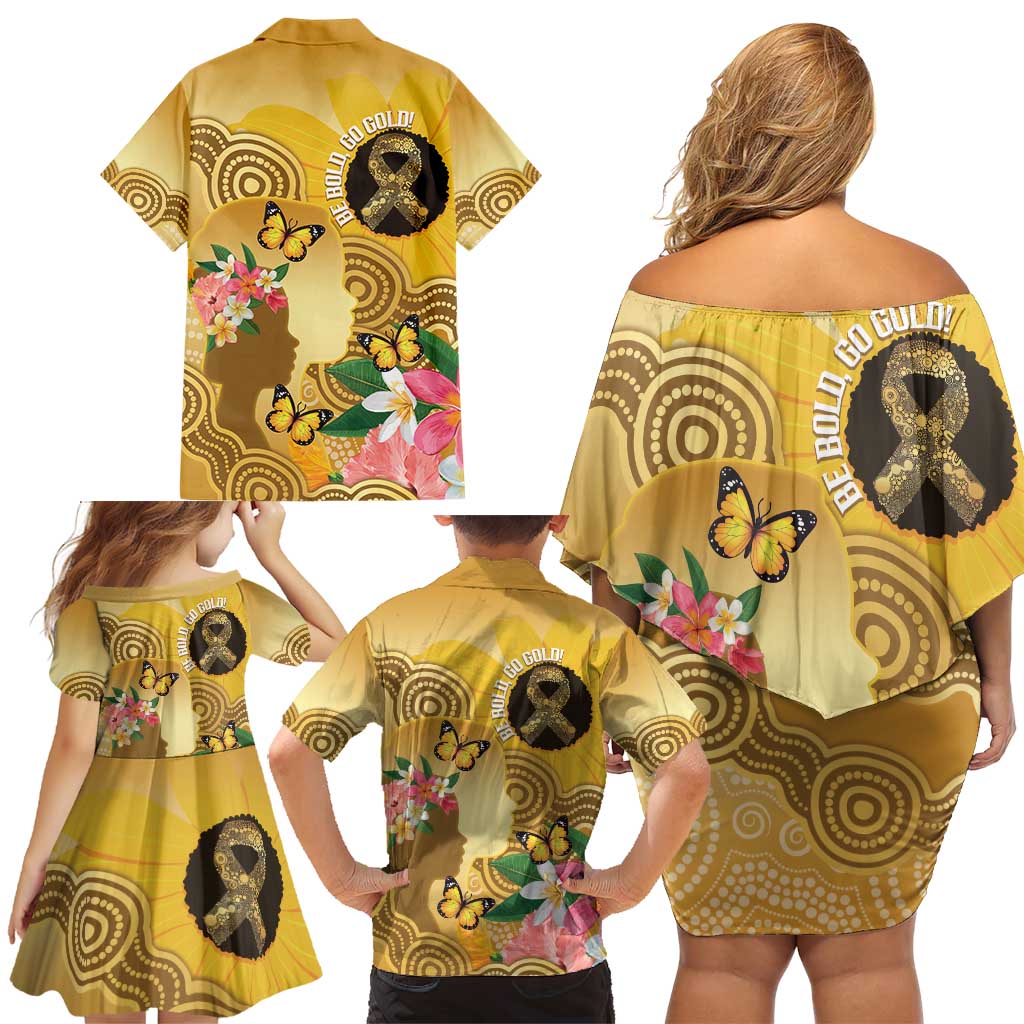 Australia Childhood Cancer Awareness Month Family Matching Off Shoulder Short Dress and Hawaiian Shirt Be Bold Go Gold Aboriginal Art