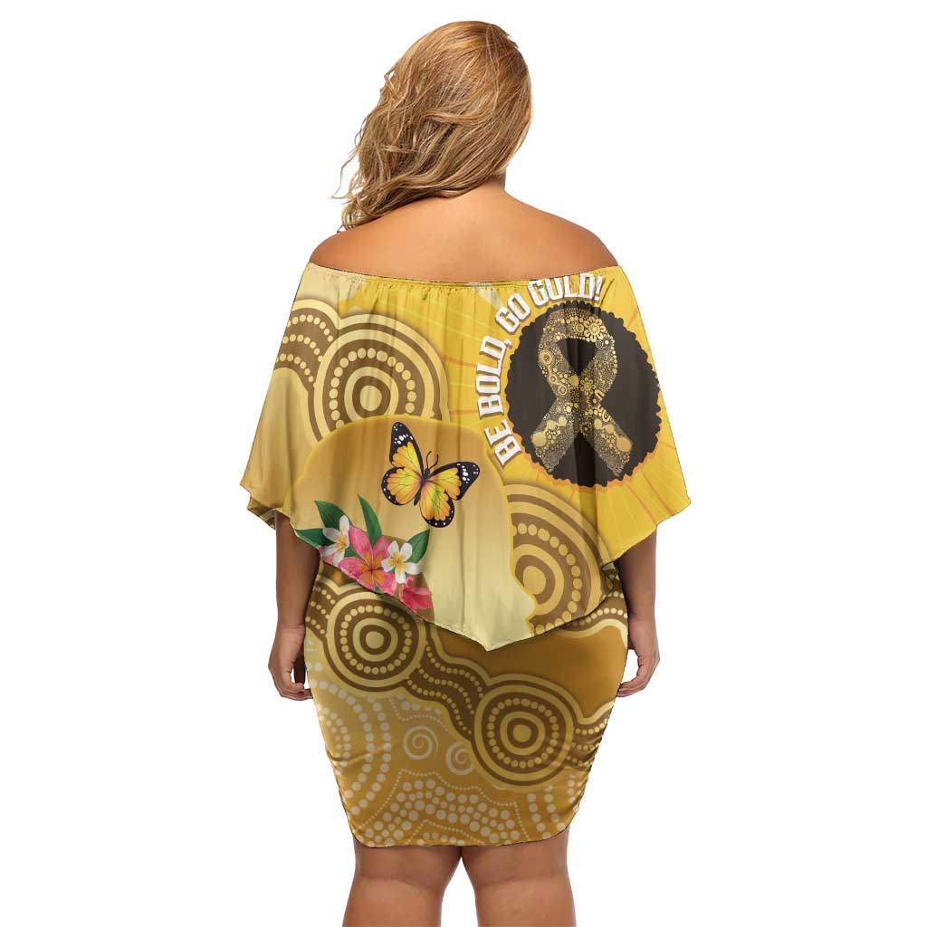 Australia Childhood Cancer Awareness Month Family Matching Off Shoulder Short Dress and Hawaiian Shirt Be Bold Go Gold Aboriginal Art