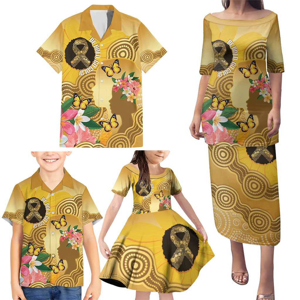 Australia Childhood Cancer Awareness Month Family Matching Puletasi and Hawaiian Shirt Be Bold Go Gold Aboriginal Art