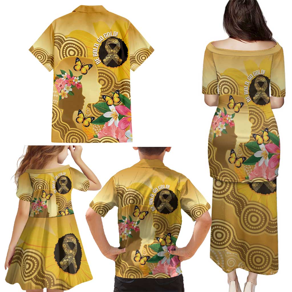Australia Childhood Cancer Awareness Month Family Matching Puletasi and Hawaiian Shirt Be Bold Go Gold Aboriginal Art
