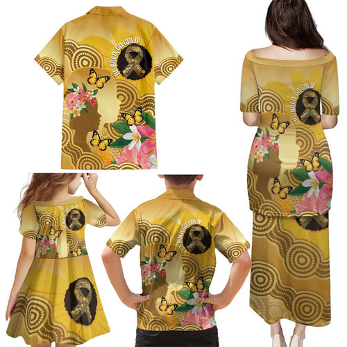 Australia Childhood Cancer Awareness Month Family Matching Puletasi and Hawaiian Shirt Be Bold Go Gold Aboriginal Art