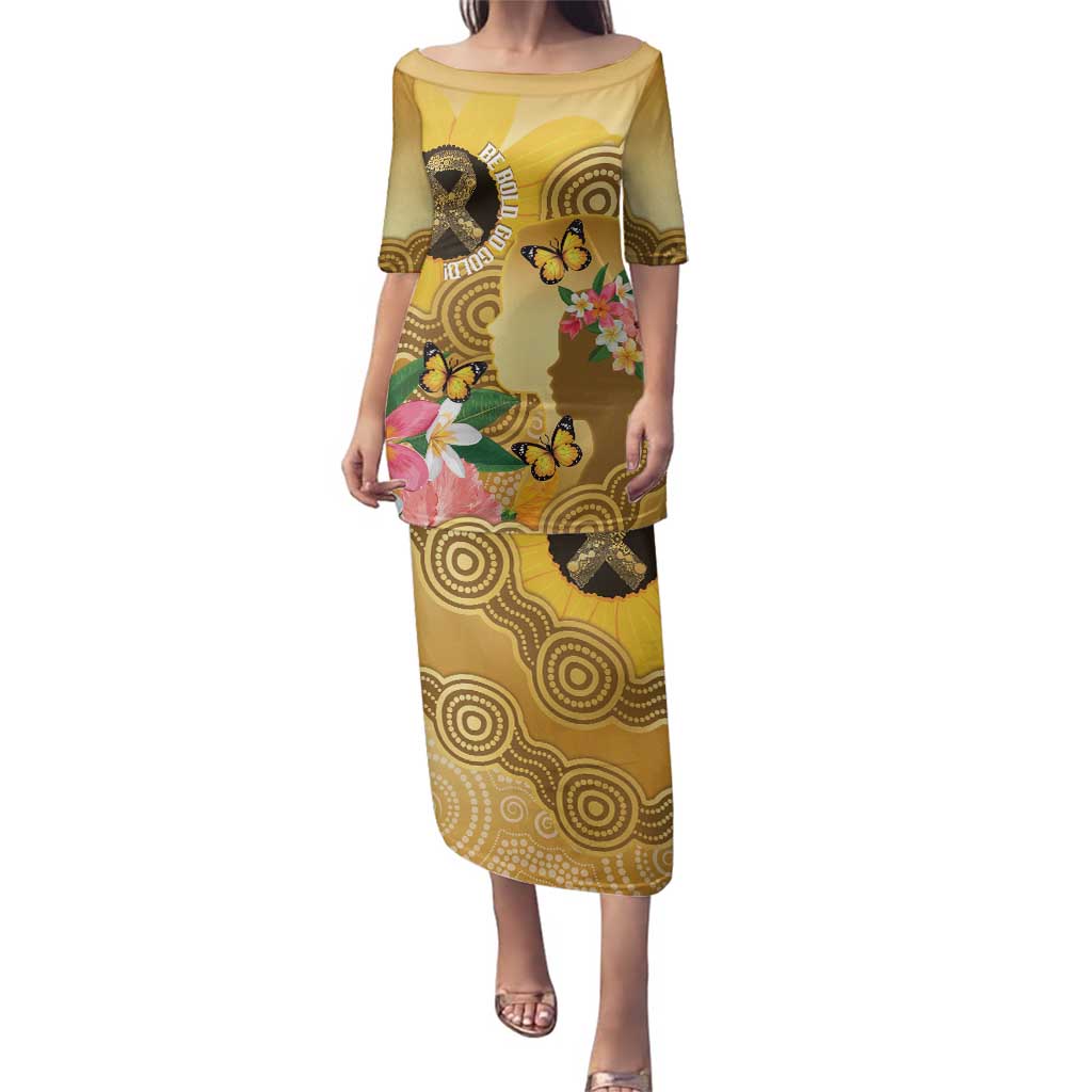 Australia Childhood Cancer Awareness Month Family Matching Puletasi and Hawaiian Shirt Be Bold Go Gold Aboriginal Art