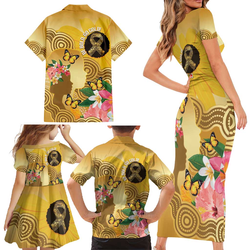 Australia Childhood Cancer Awareness Month Family Matching Short Sleeve Bodycon Dress and Hawaiian Shirt Be Bold Go Gold Aboriginal Art