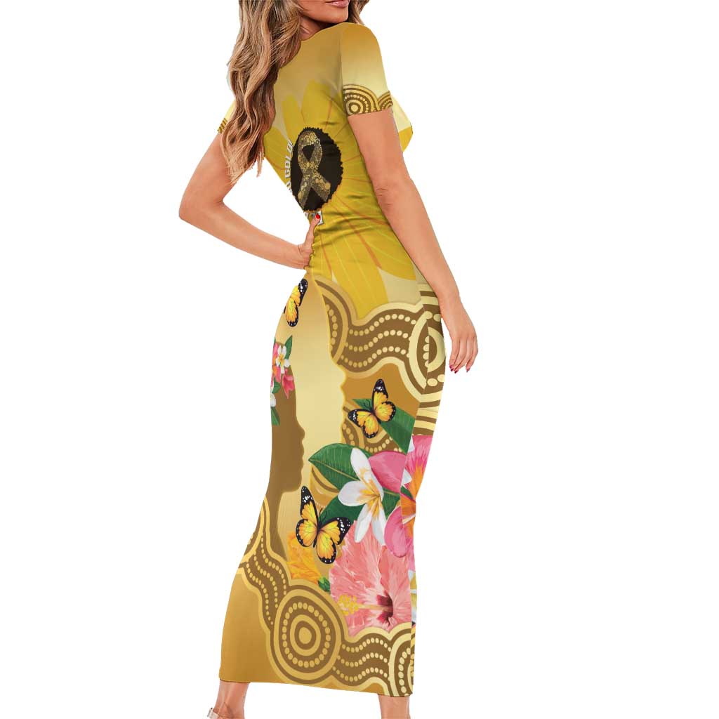 Australia Childhood Cancer Awareness Month Family Matching Short Sleeve Bodycon Dress and Hawaiian Shirt Be Bold Go Gold Aboriginal Art