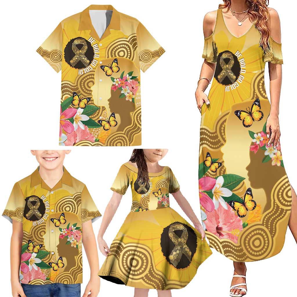 Australia Childhood Cancer Awareness Month Family Matching Summer Maxi Dress and Hawaiian Shirt Be Bold Go Gold Aboriginal Art