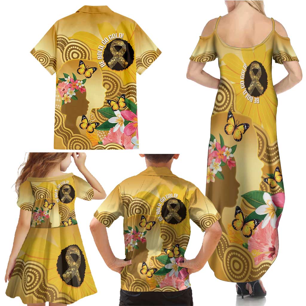 Australia Childhood Cancer Awareness Month Family Matching Summer Maxi Dress and Hawaiian Shirt Be Bold Go Gold Aboriginal Art