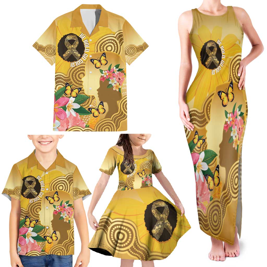 Australia Childhood Cancer Awareness Month Family Matching Tank Maxi Dress and Hawaiian Shirt Be Bold Go Gold Aboriginal Art