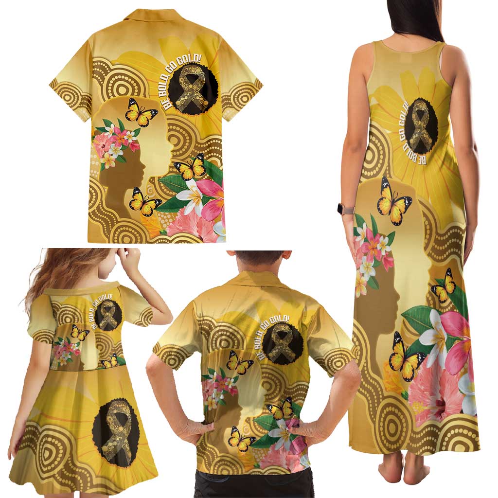 Australia Childhood Cancer Awareness Month Family Matching Tank Maxi Dress and Hawaiian Shirt Be Bold Go Gold Aboriginal Art