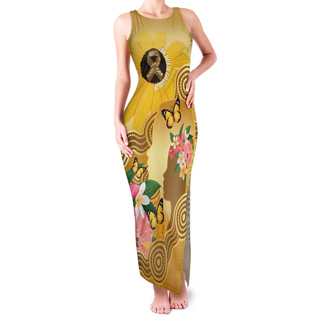 Australia Childhood Cancer Awareness Month Family Matching Tank Maxi Dress and Hawaiian Shirt Be Bold Go Gold Aboriginal Art