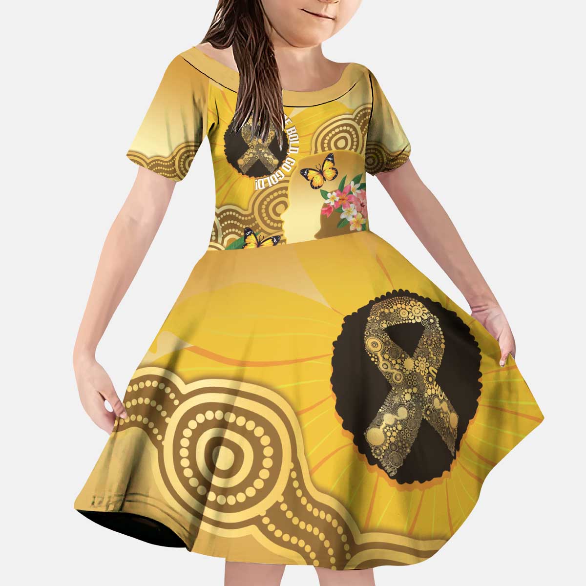 Australia Childhood Cancer Awareness Month Kid Short Sleeve Dress Be Bold Go Gold Aboriginal Art