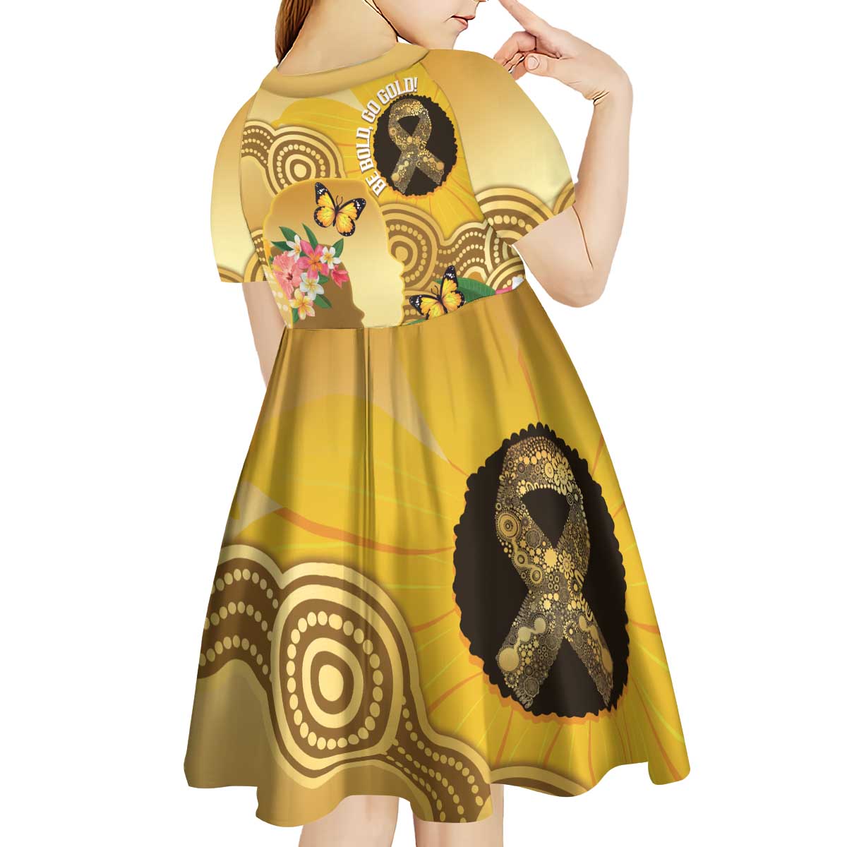 Australia Childhood Cancer Awareness Month Kid Short Sleeve Dress Be Bold Go Gold Aboriginal Art