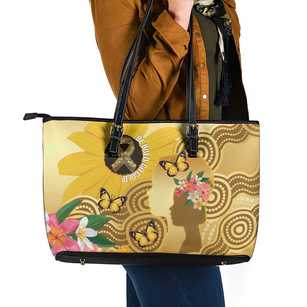 Australia Childhood Cancer Awareness Month Leather Tote Bag Be Bold Go Gold Aboriginal Art
